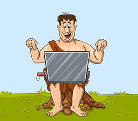 Happy primitive man is working with the laptop. Fanny cartoon character