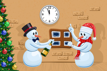 Two funny snowmen celebrate New Year