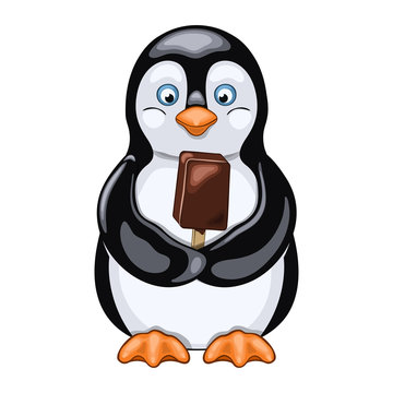 Joyful penguin holds chocolate ice cream in his wings