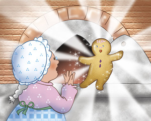 Elderly woman cooking a Gingerbread boy in her wood-burning oven. Digital illustration for the Gingerbread boy fairy tale.
