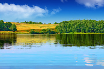 Landscape of beautiful lake and oats field