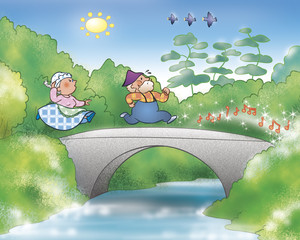 Funny cartoon grandmother and grandfather running on a bridge. Digital illustration for the Gingerbread boy fairy tale.