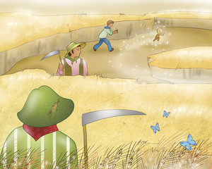 Sweet Gingerbread boy running in the wheat fields escaping from the farmers. Digital illustration for the traditional fable.