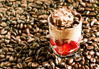 Coffee and chocolate dessert with ice cream and strawberries, se