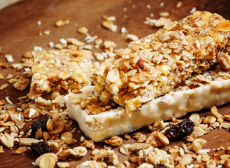 Bar muesli and spilled cereal, selective focus
