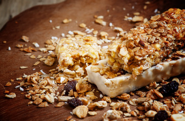 Bar muesli and spilled cereal, selective focus
