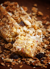 Bar muesli and spilled cereal, selective focus