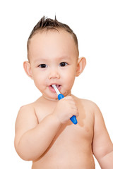 baby boy brushing teeth by blue color tooth brush