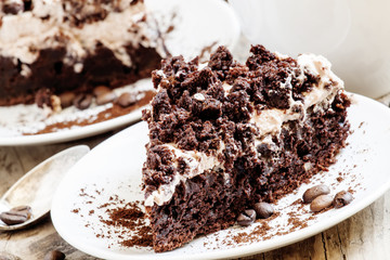 Delicious chocolate coffee cake with butter cream, selective foc