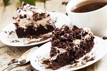 Delicious chocolate coffee cake with butter cream, selective foc