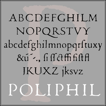 Classic font of the Venetian typographer, in its original, worn form. Renaissance period. Supplemented with characters which was not used in that age. Vector, isolated background.