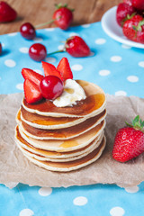 Pancakes traditional homemade breakfast or lunch with strawberry