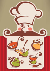 cartoon chef head, dish, and menu board