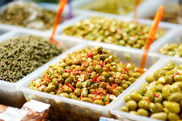 Assorted olives on farmer's market