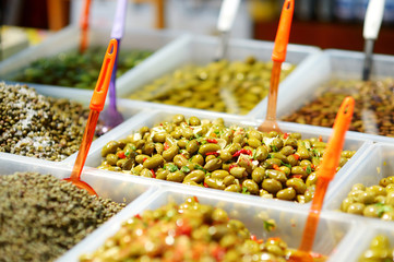 Assorted olives on farmer's market
