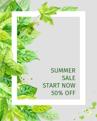 Illustration of summer leaves. spring sale. watercolor angular composition.