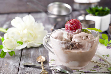 Chocolate ice cream with coffee bean and strawberry