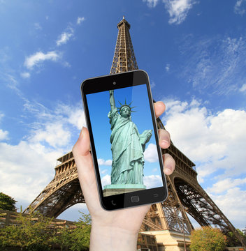 Eiffel Tower and statue of liberty taken with mobile phone