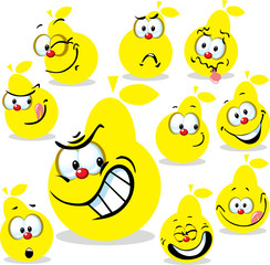 pear icon cartoon with funny faces isolated on white