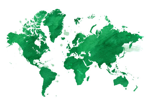 Vector watercolor green map of the world with a isolated background.
