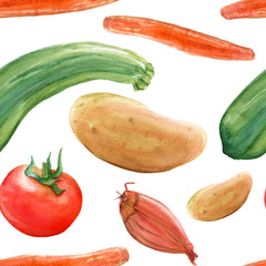 A seamless watercolor pattern with rustic vegetable drawings