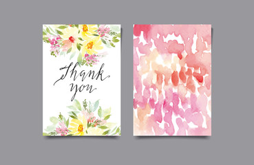 Vector invitation card with watercolor flowers. Thank you. Congr