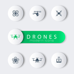 Drones, round modern icons with banner, vector, eps10