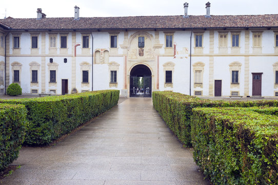 Certosa di Pavia: cloister and facade of the museum. Color image