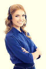 portrait of support phone operator or phone worker in headset