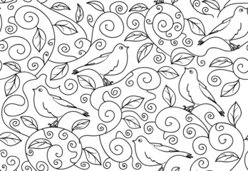 Black and white vector seamless pattern with singing birds