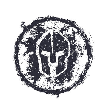 grunge spartan helmet, round emblem, vector illustration, eps10