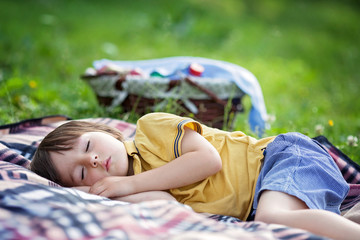 Cute little boy, sleeping on a picnic blanket, outdoors in a sum