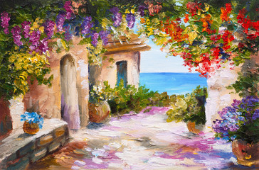 Obraz olejny - dom nad morzem, kolorowe kwiaty, letni pejzaż morski