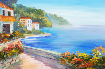 oil painting - house near the sea, colorful flowers, summer seascape - 85122145