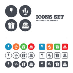 Birthday party icons. Cake and gift box symbol