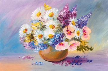 bouquet of summer flowers, still life oil painting - 85122196