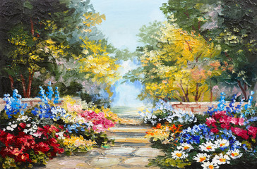 Oil painting landscape - colorful summer forest, beautiful flowers - 85122561