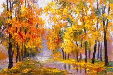 oil painting landscape - autumn forest, full of fallen leaves, colorful picture , abstract drawing