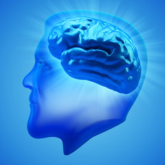 Brain activity, power and intelligence concept, human head silhouette with brain inside it on blue background