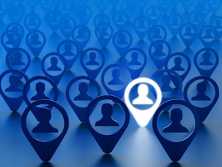 Find friend, hire employee or choice person concept. Avatars of people social network accounts with the chosen one on blue background