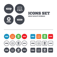 Webinar icons. Web camera and notebook pc signs.