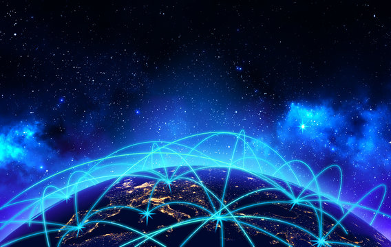 Global network connection and business communication concept, earth globe night view with connect lines on deep blue space background