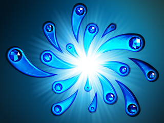 Drop shape pattern swirl splatter ornament with bright light on blue background