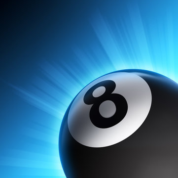 Billiard eight ball, snooker pool icon with shining rays of lights on blue background