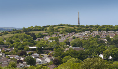 The memorial to Sir Walter Raleigh Gilbert overlooks the UK town of Bodmin, Cornwall.