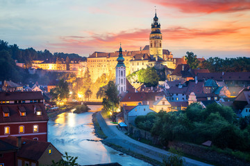 Fototapeta View over Cesky Krumlov with Moldau river at night, Czech Republic obraz