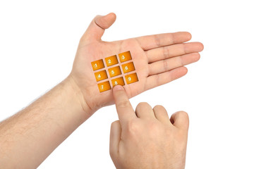 Hand with virtual phone buttons