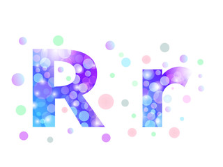 Alphabet from bokeh texture in bright blue and purple color.  Letter R.
