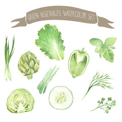Green fresh vegetables watercolor vector set