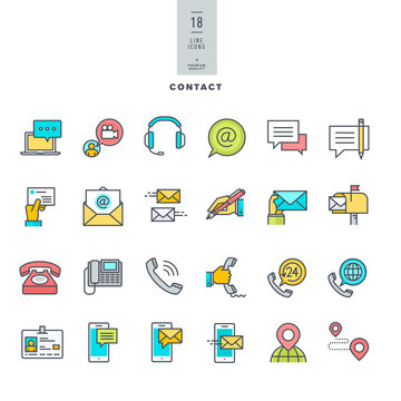 Set of line modern color icons for contact, communication, media     